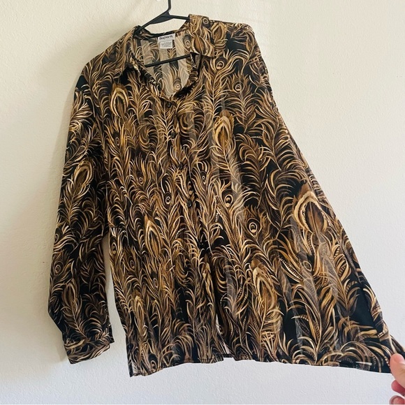 BonWorth woman’s long sleeve button down size XL gold  elegant semi sheer top - Picture 8 of 10
